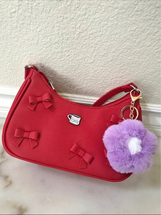 Handbags - Red Bow Accent Shoulder Bag with Purple Pom Charm